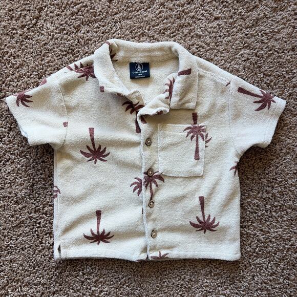Volcom Beige Brown Tropical Palm Hawaiian Terry Cloth Button Up Shirt Boy 24M - Picture 1 of 12